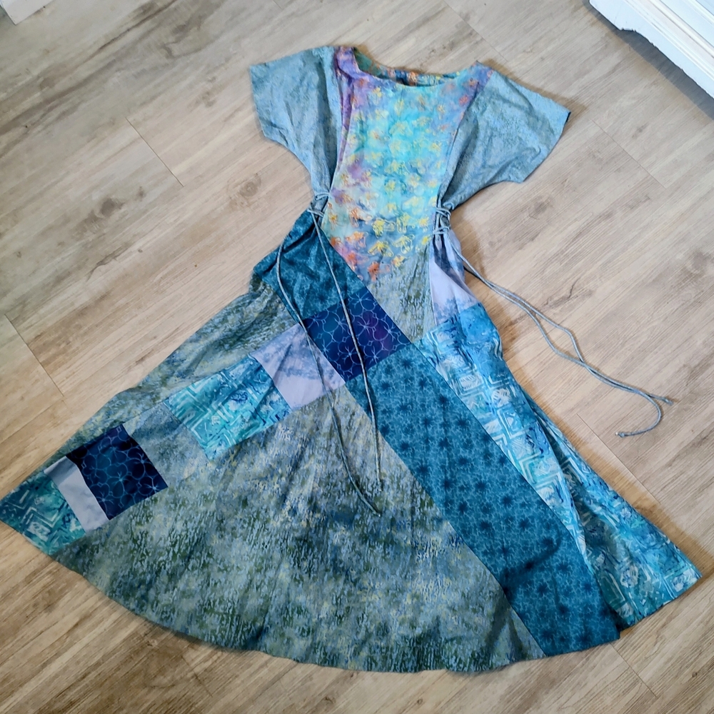 Patchwork Country Picnic Maxi Dress in Blue Hues 100 Percent Cotton SZ M-L
